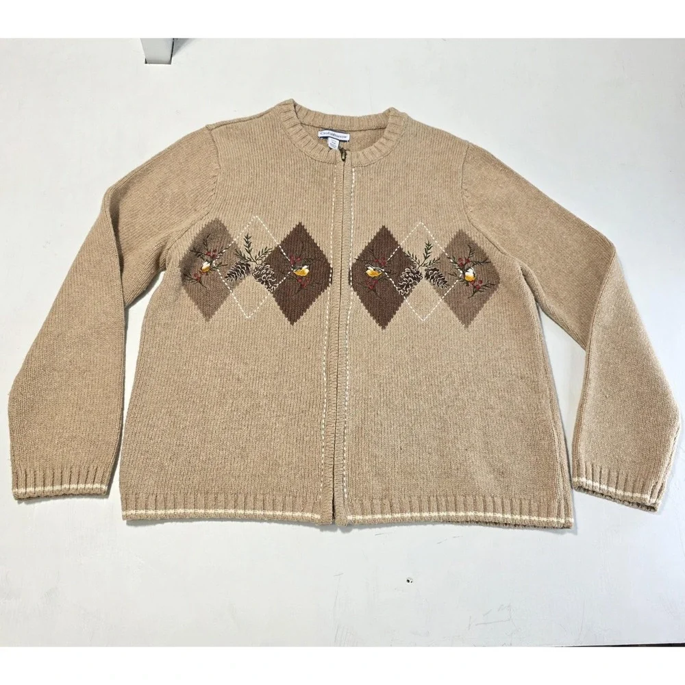 Croft & Barrow Cardigan Sweater Womens Petite Medium‎ Beige Bird Holiday Argyle